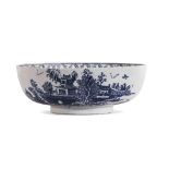 Lowestoft porcelain large bowl decorated in underglaze blue with a print of The Argument pattern, (