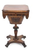 Victorian rosewood work table, the rectangular top with canted corners over plush lined interior,