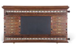 Burroughes & Watts London oak snooker, billiards and life pool scoring board featuring central slate