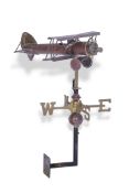 Unusual copper, brass and iron weathervane with bi-plane top, width 34cm x depth 32cm x overall