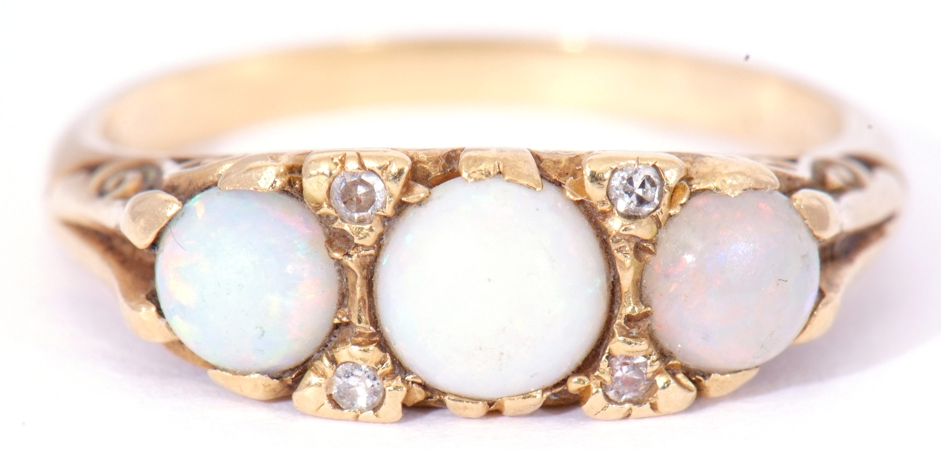 18ct gold opal and diamond ring featuring three graduated round cut cabochon opals, with four - Image 8 of 9