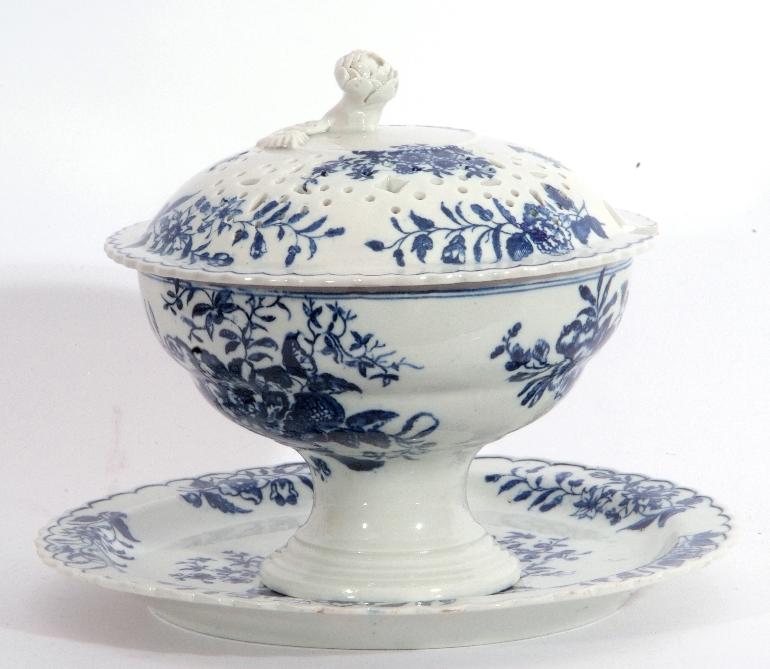 Lowestoft porcelain rice bowl, cover and stand, or small dessert tureen, decorated with the pine - Image 2 of 11