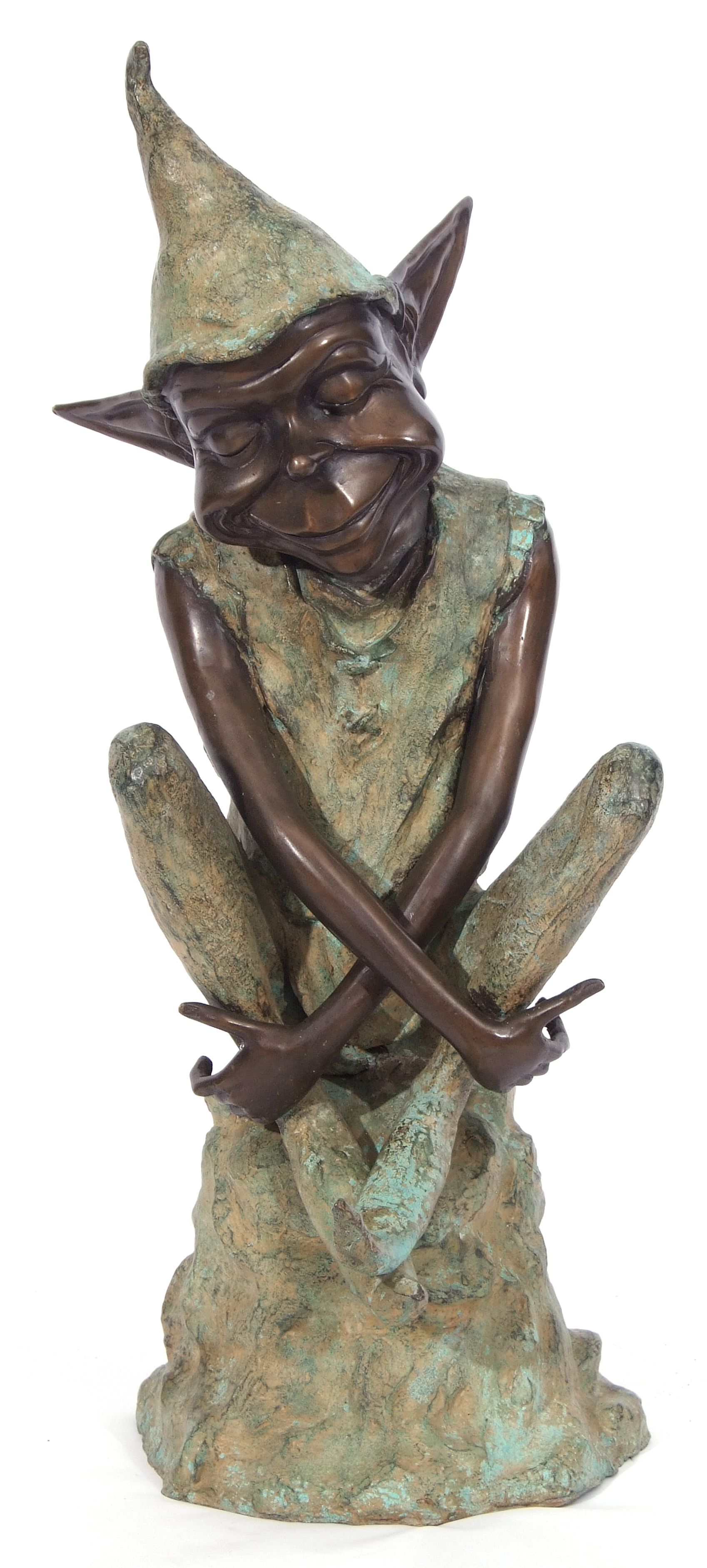 Contemporary patinated bronze figure of a pixie seated on a rock, 23cm wide x 34cm deep x 76cm tall - Image 3 of 3