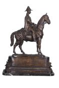 Unsigned bronze study of mounted Duke of Wellington standing on a base applied at the corners with