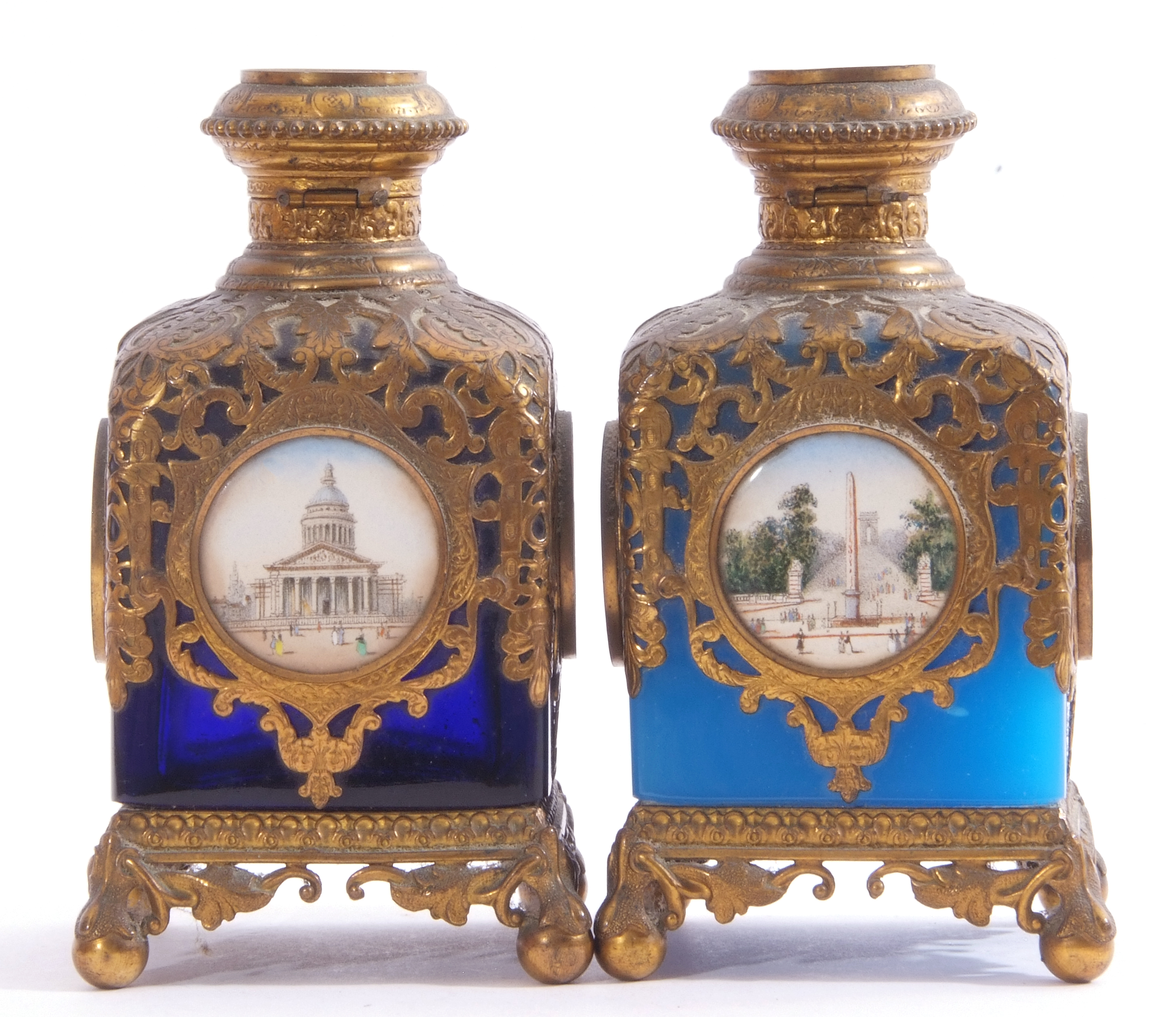 Two Palais Royale gilt metal mounted glass square scent bottles with pierced sleeves and caps - Image 4 of 11