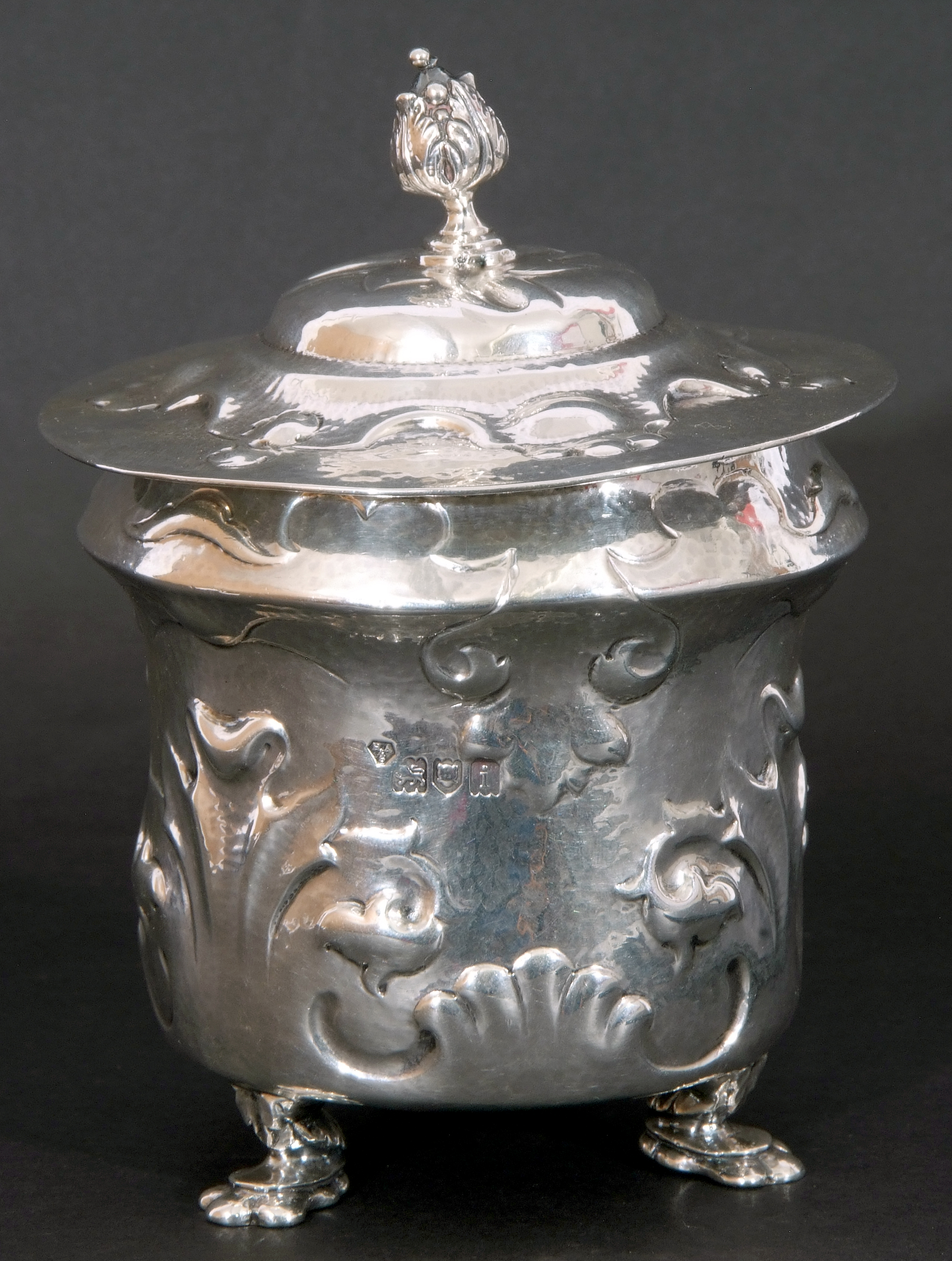 Art Nouveau silver tea caddy, the hammered body embellished with scrolling organic decoration and - Image 4 of 5