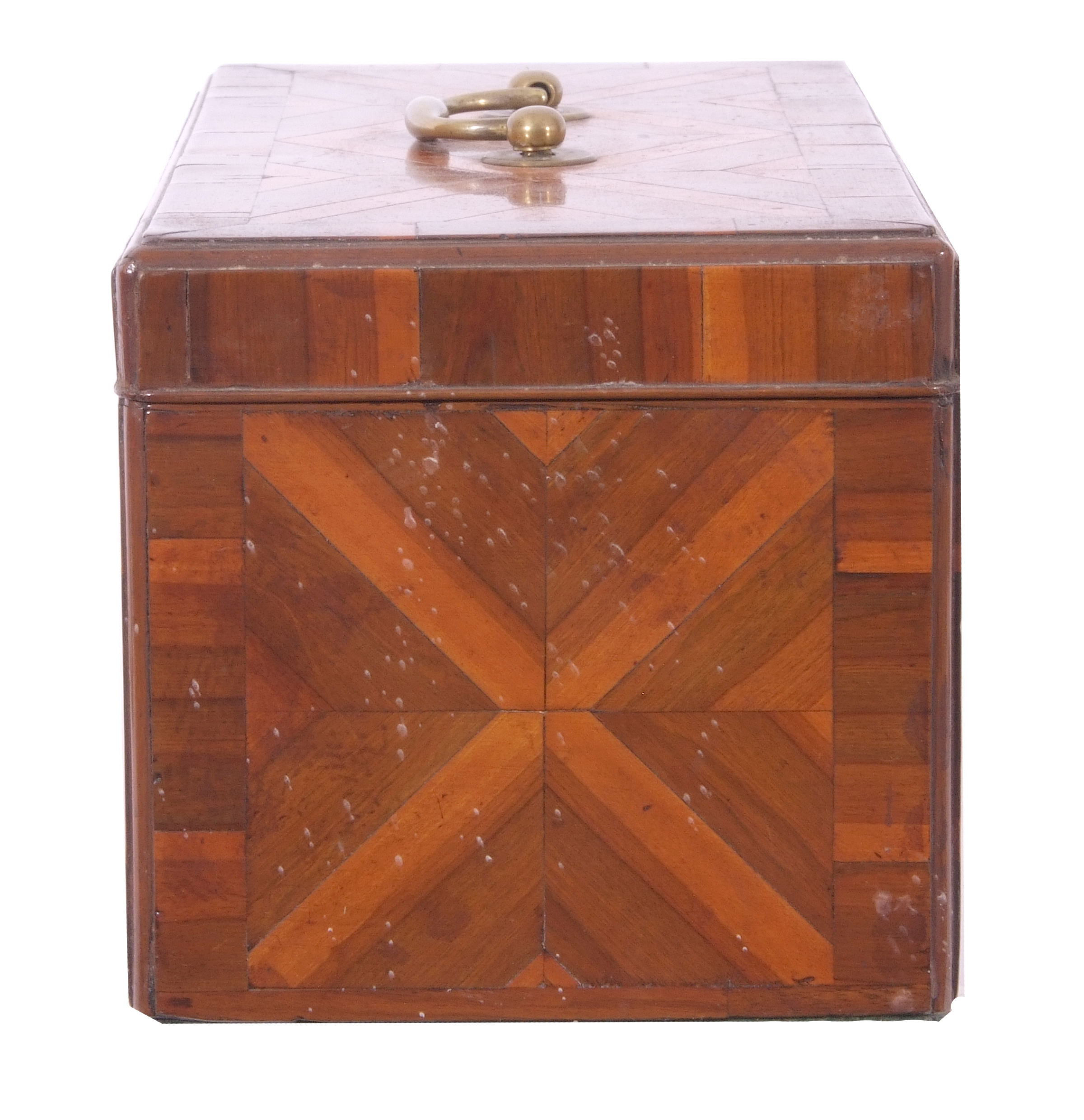 Georgian rectangular storage box, specimen wood veneered with geometric patterns to all sides, brass - Image 3 of 6