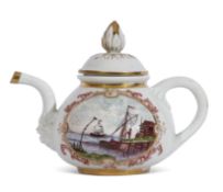 Rare and important Bottger/Meissen tea pot circa 1725, probably painted by Horoldt, the pot of early