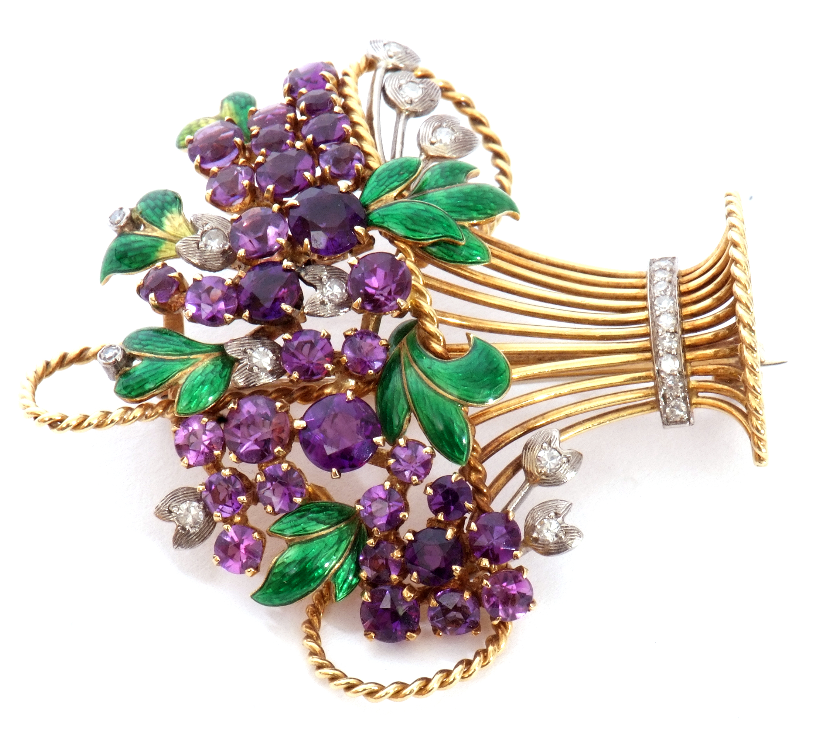 Enamel and amethyst jardiniere brooch circa 1965, the open work basket with wire work detailing, - Image 2 of 6