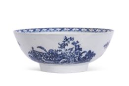 Large Lowestoft porcelain bowl decorated with a print of the lady and squirrel pattern, with