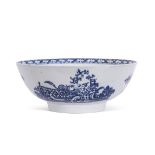 Large Lowestoft porcelain bowl decorated with a print of the lady and squirrel pattern, with