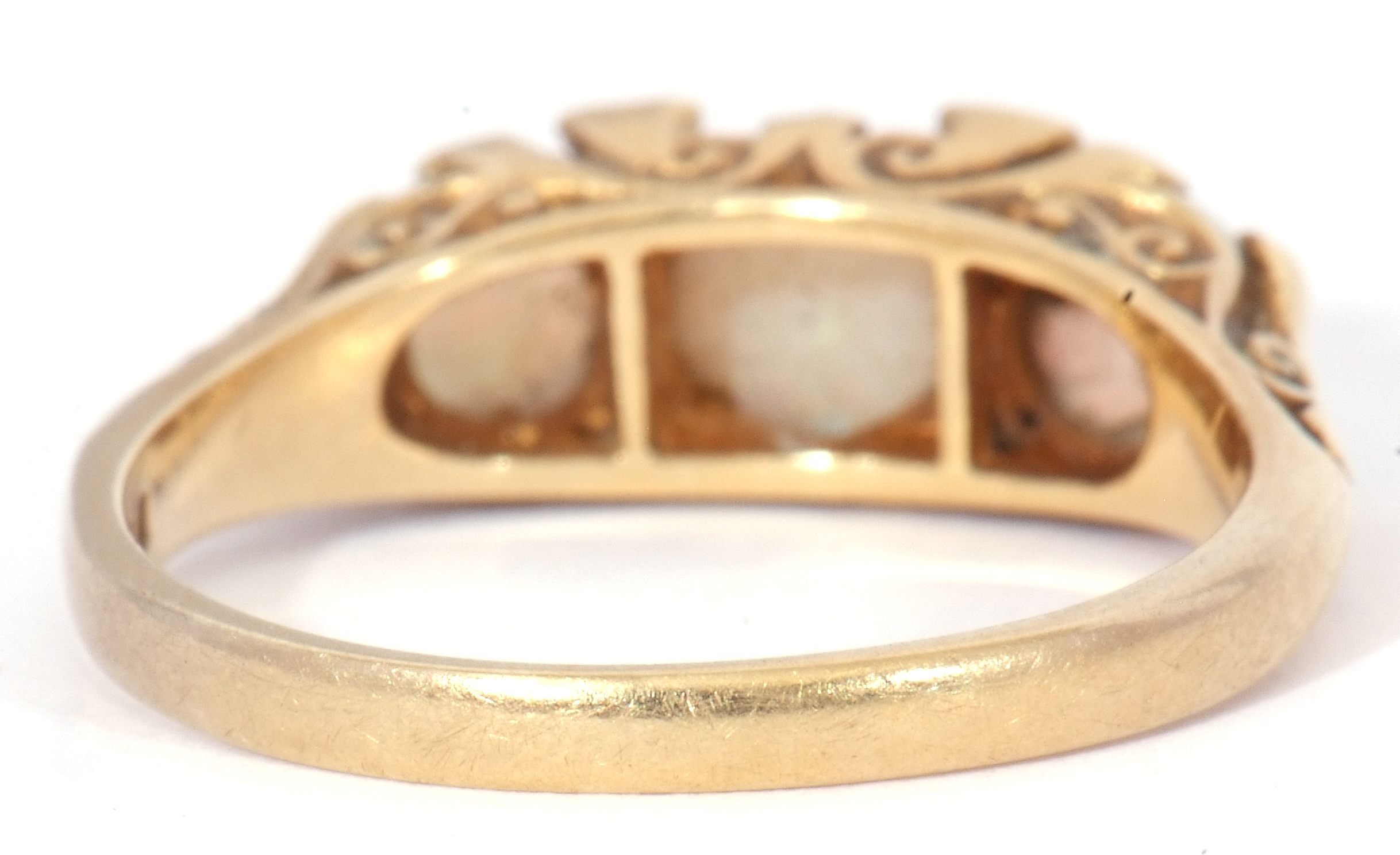 18ct gold opal and diamond ring featuring three graduated round cut cabochon opals, with four - Image 5 of 9