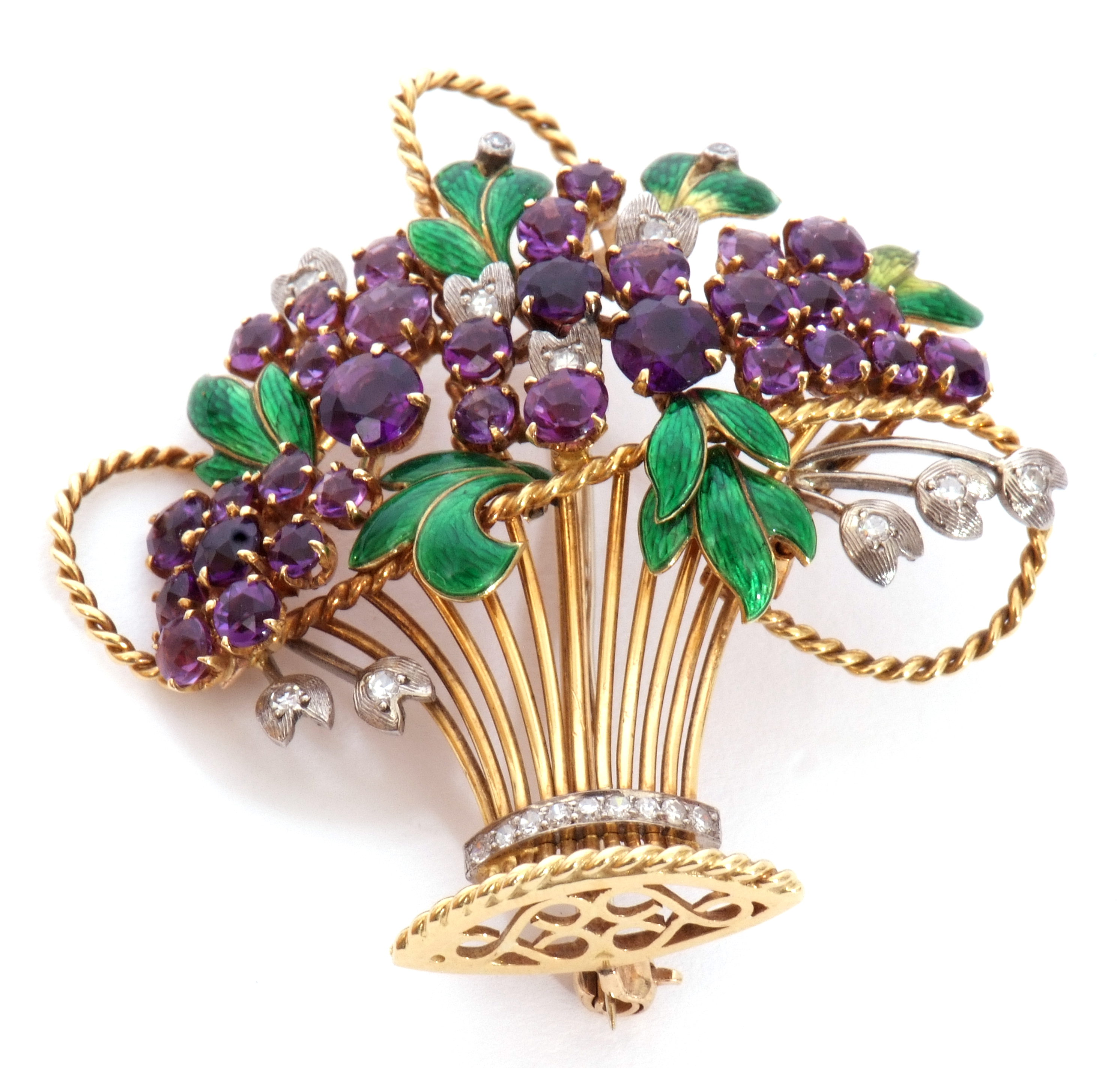 Enamel and amethyst jardiniere brooch circa 1965, the open work basket with wire work detailing,