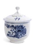 Lowestoft porcelain sucrier and cover with a printed design in blue in the fence pattern, pseudo