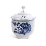 Lowestoft porcelain sucrier and cover with a printed design in blue in the fence pattern, pseudo