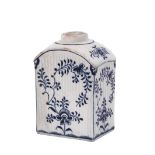 Rare Lowestoft porcelain tea caddy of ribbed form, decorated in a Meissen style with the Imortel