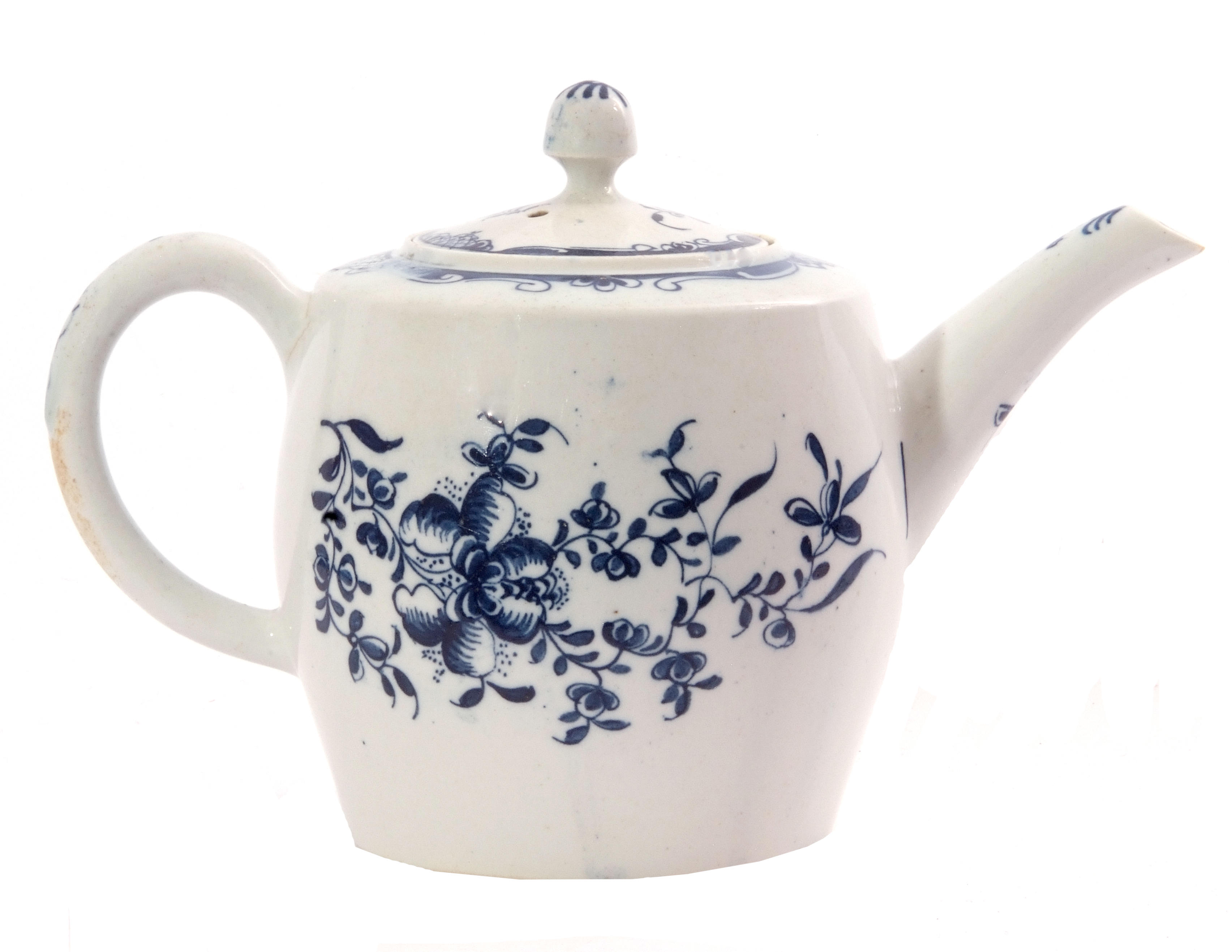 Unusual Lowestoft porcelain barrel shaped tea pot and cover, decorated with trailing flowers - Image 2 of 6