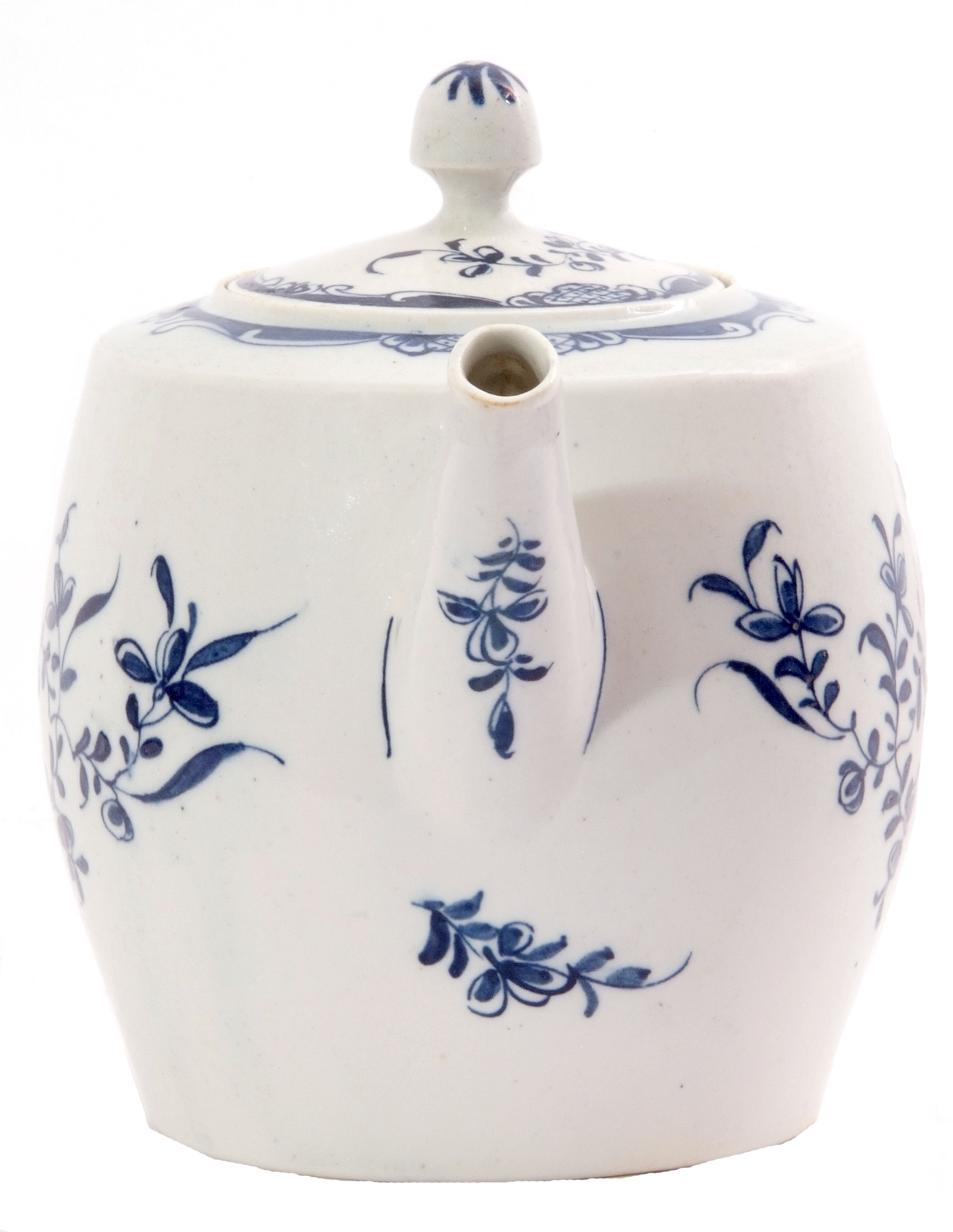 Unusual Lowestoft porcelain barrel shaped tea pot and cover, decorated with trailing flowers - Image 3 of 6