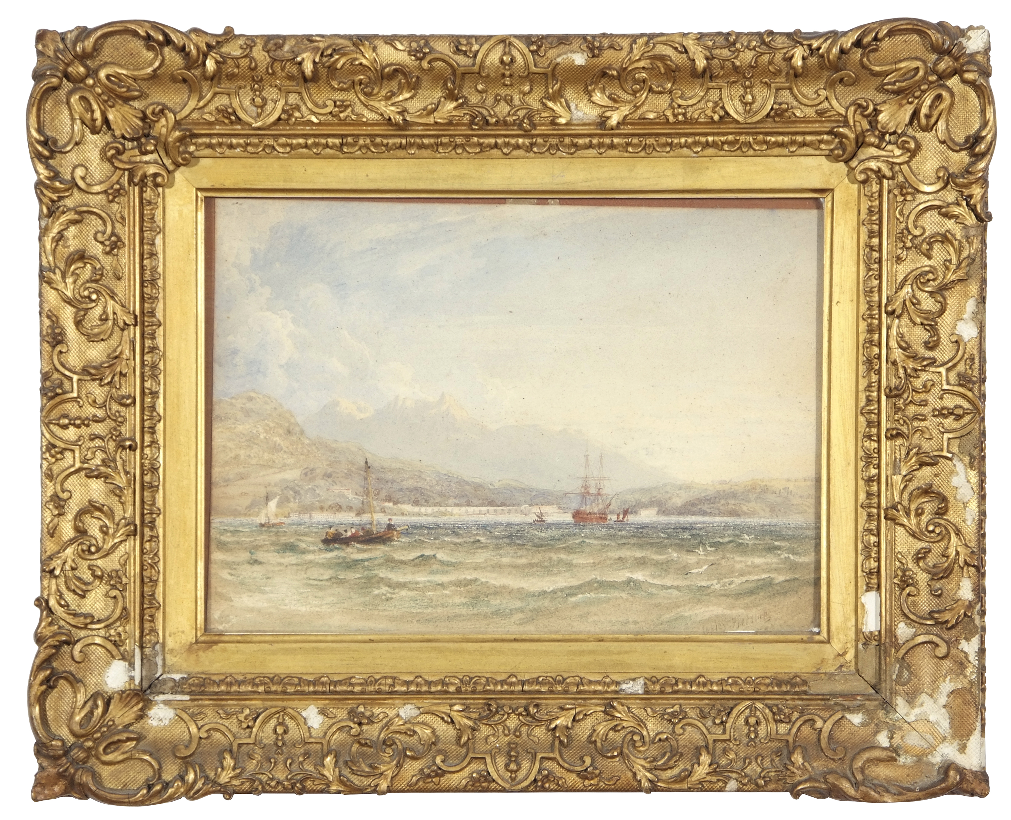 Copley Fielding, watercolour, Marine scene with mountains in background, in period gilt frame, 26