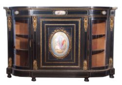 Large Victorian ebonised and ormolu mounted credenza, having a central large fielded panelled door