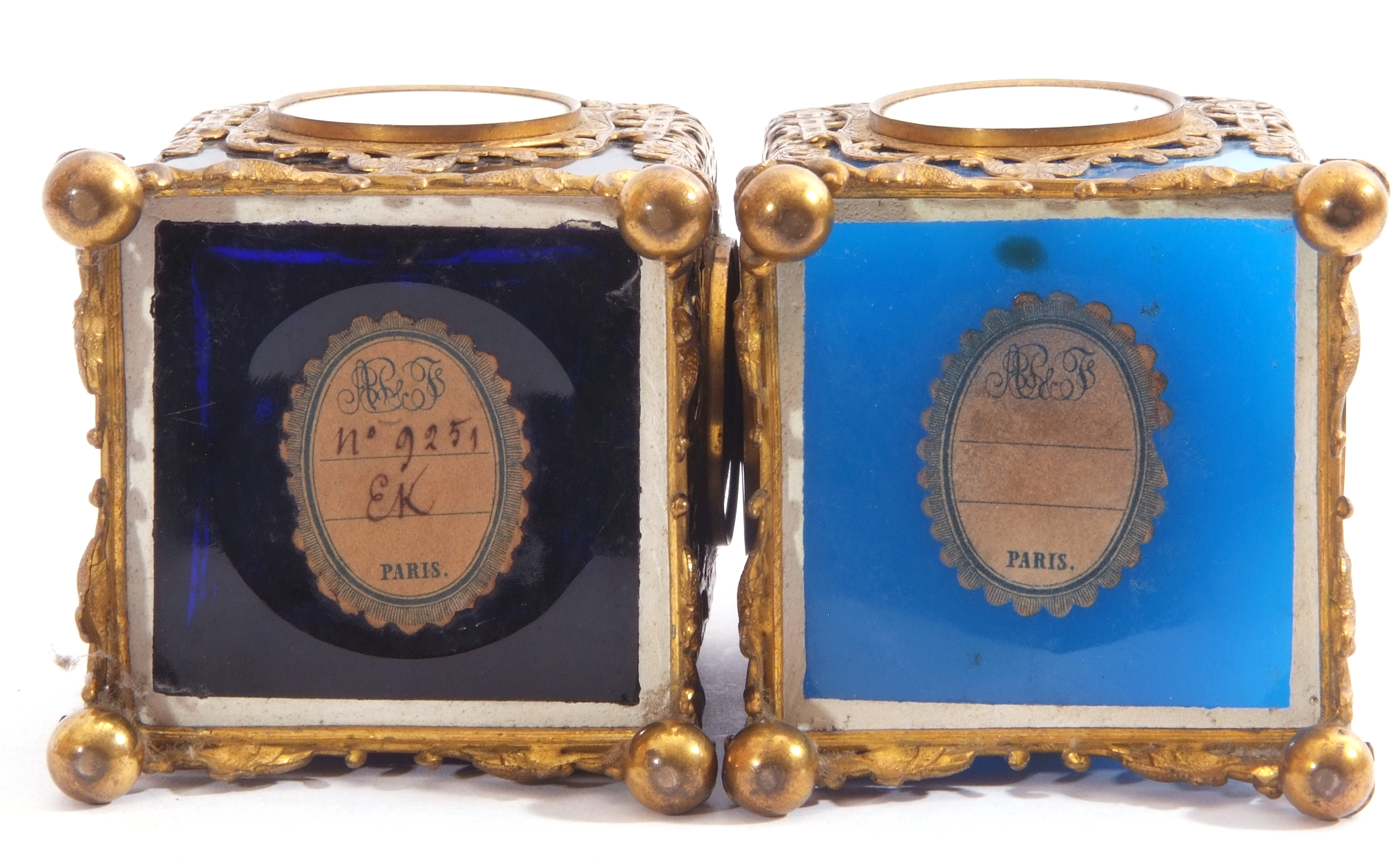 Two Palais Royale gilt metal mounted glass square scent bottles with pierced sleeves and caps - Image 11 of 11