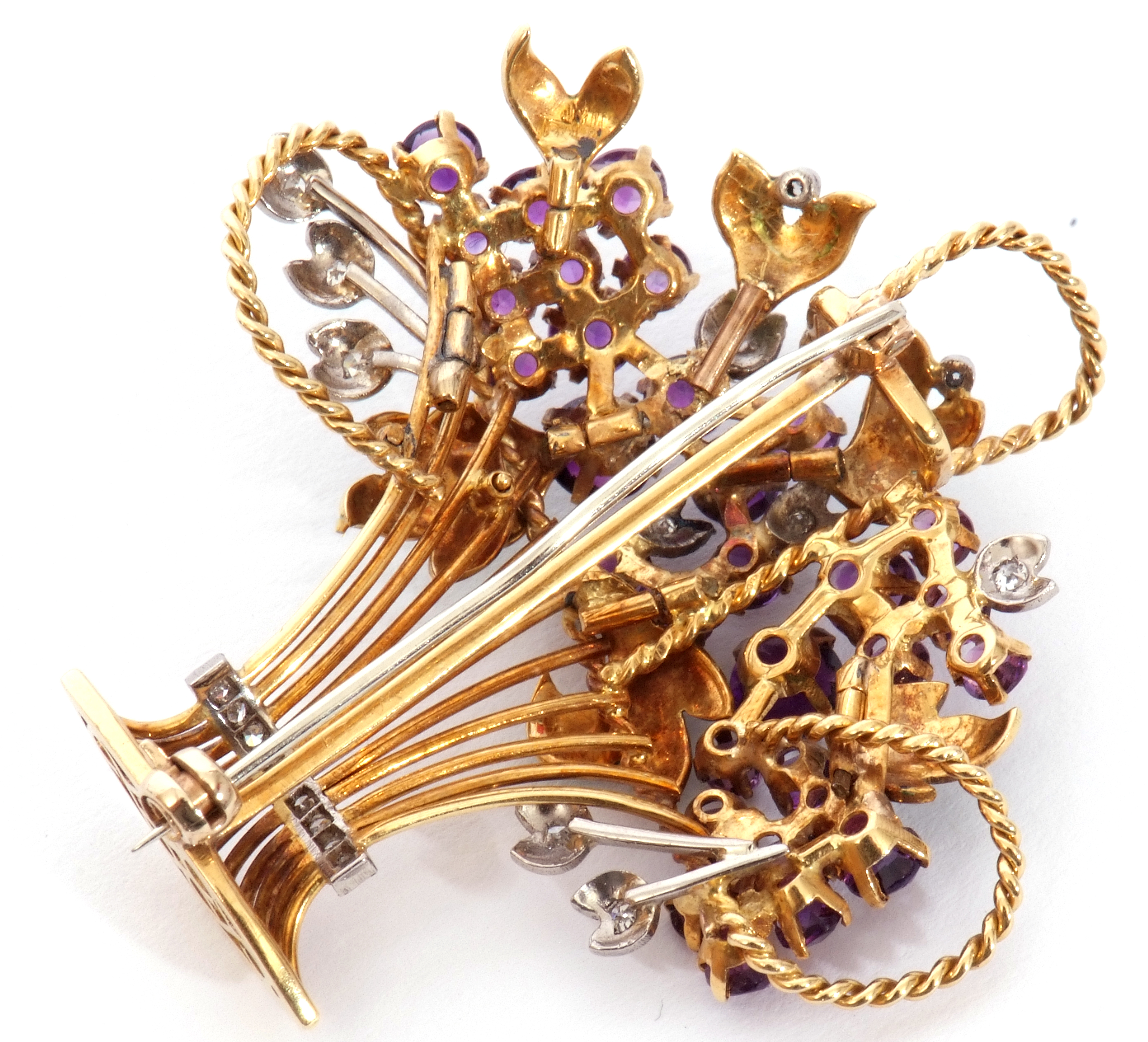 Enamel and amethyst jardiniere brooch circa 1965, the open work basket with wire work detailing, - Image 6 of 6