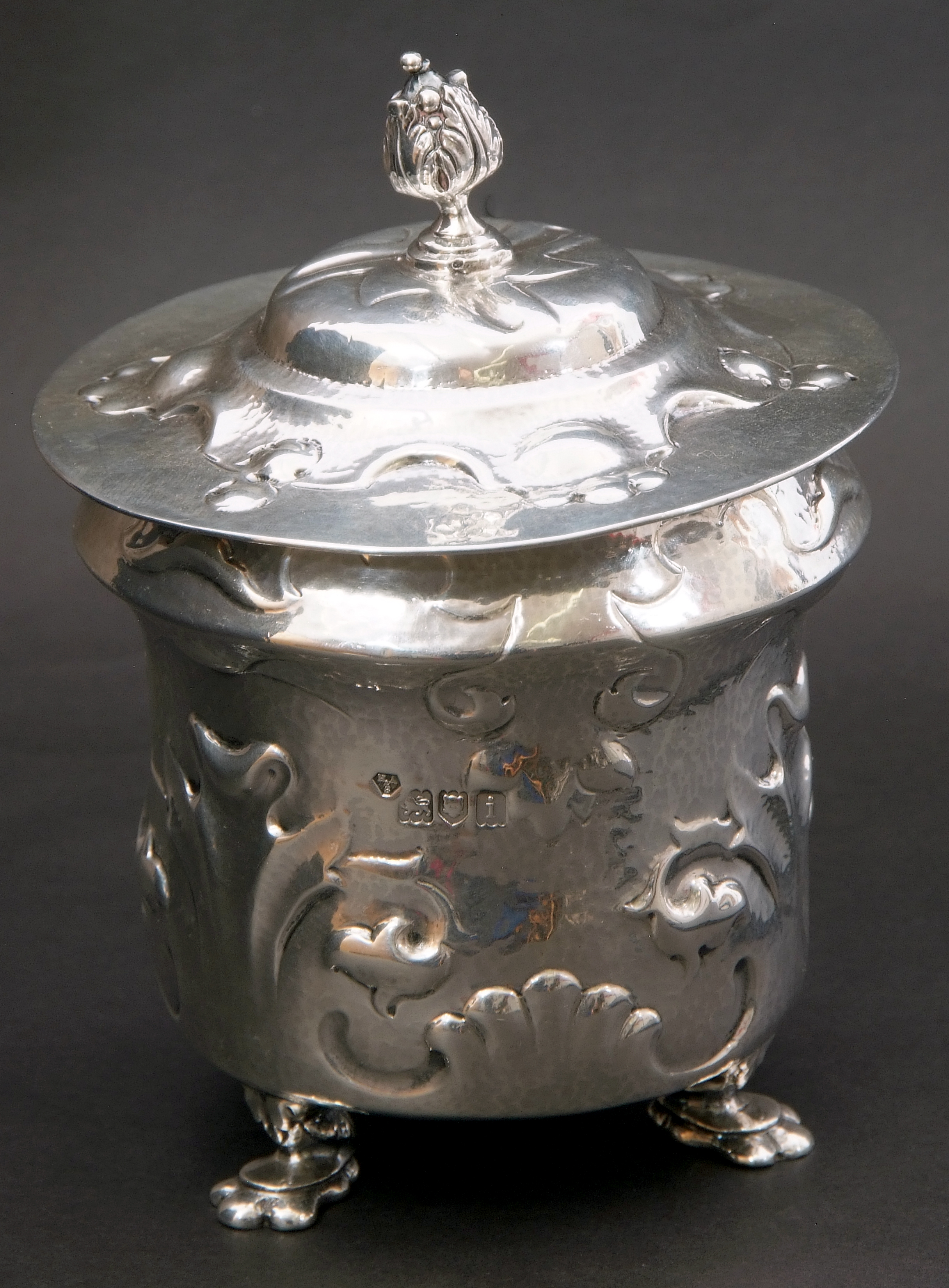 Art Nouveau silver tea caddy, the hammered body embellished with scrolling organic decoration and - Image 2 of 5