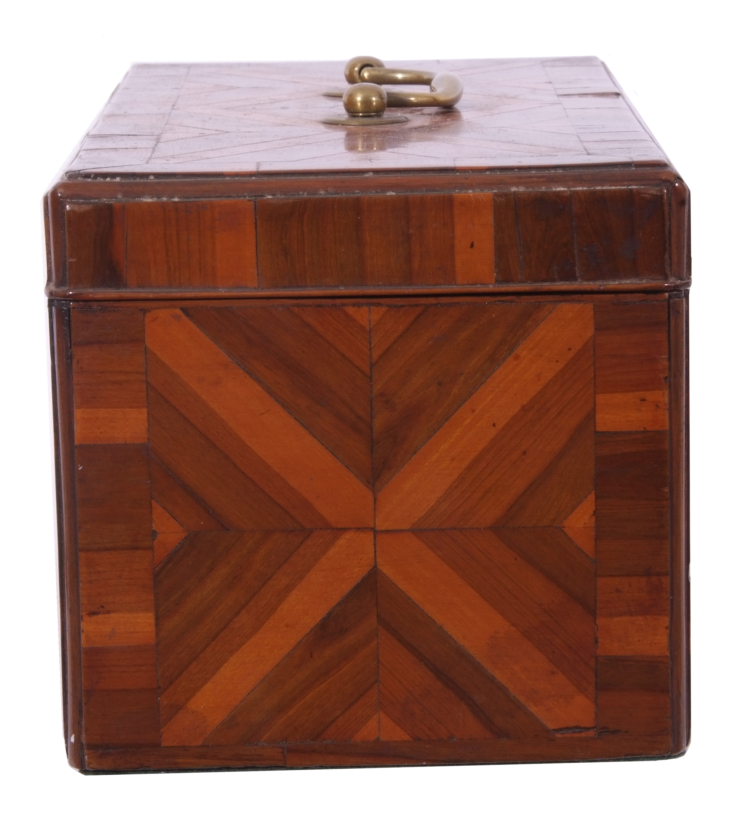 Georgian rectangular storage box, specimen wood veneered with geometric patterns to all sides, brass - Image 5 of 6