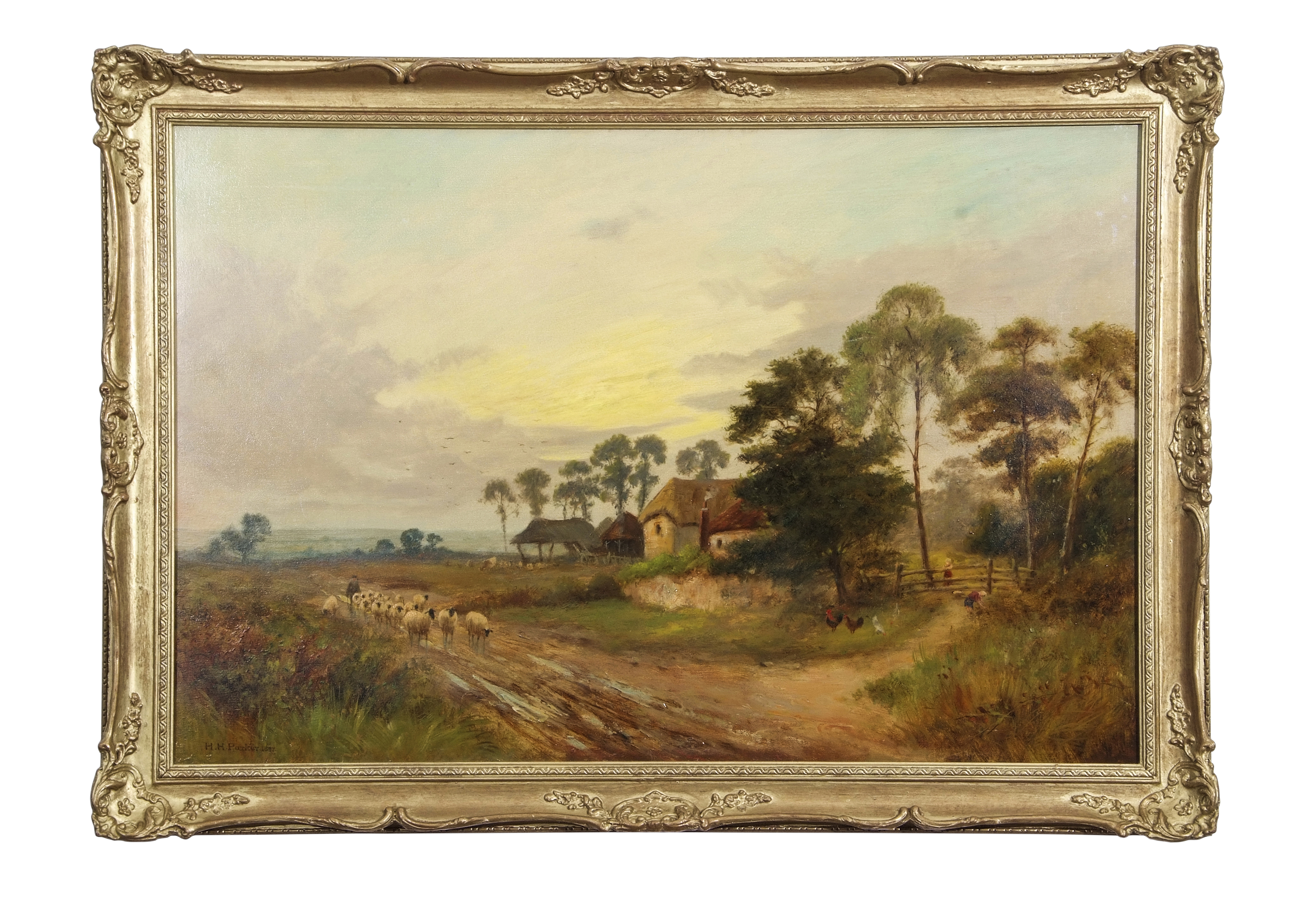 Henry Deacon Hillier Parker, (1858-1930) Country landscape with herder and sheep by a farmstead