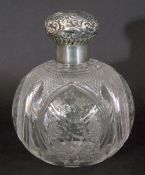 Victorian cut glass scent bottle, the globular shaped body with four intricately engraved