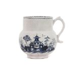 Lowestoft porcelain cider mug decorated in underglaze blue with a pagoda with island scene verso,