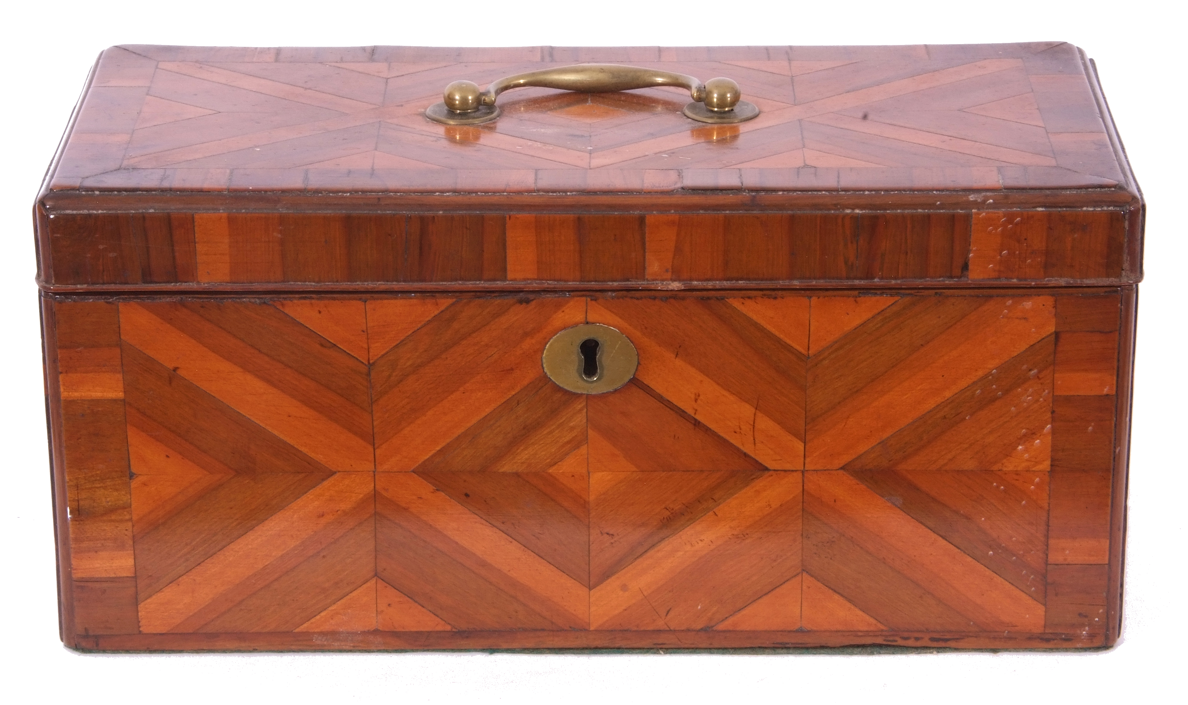 Georgian rectangular storage box, specimen wood veneered with geometric patterns to all sides, brass - Image 2 of 6