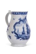 Rare Lowestoft porcelain jug decorated with a maritime scene of ships off the coast, with landscape,