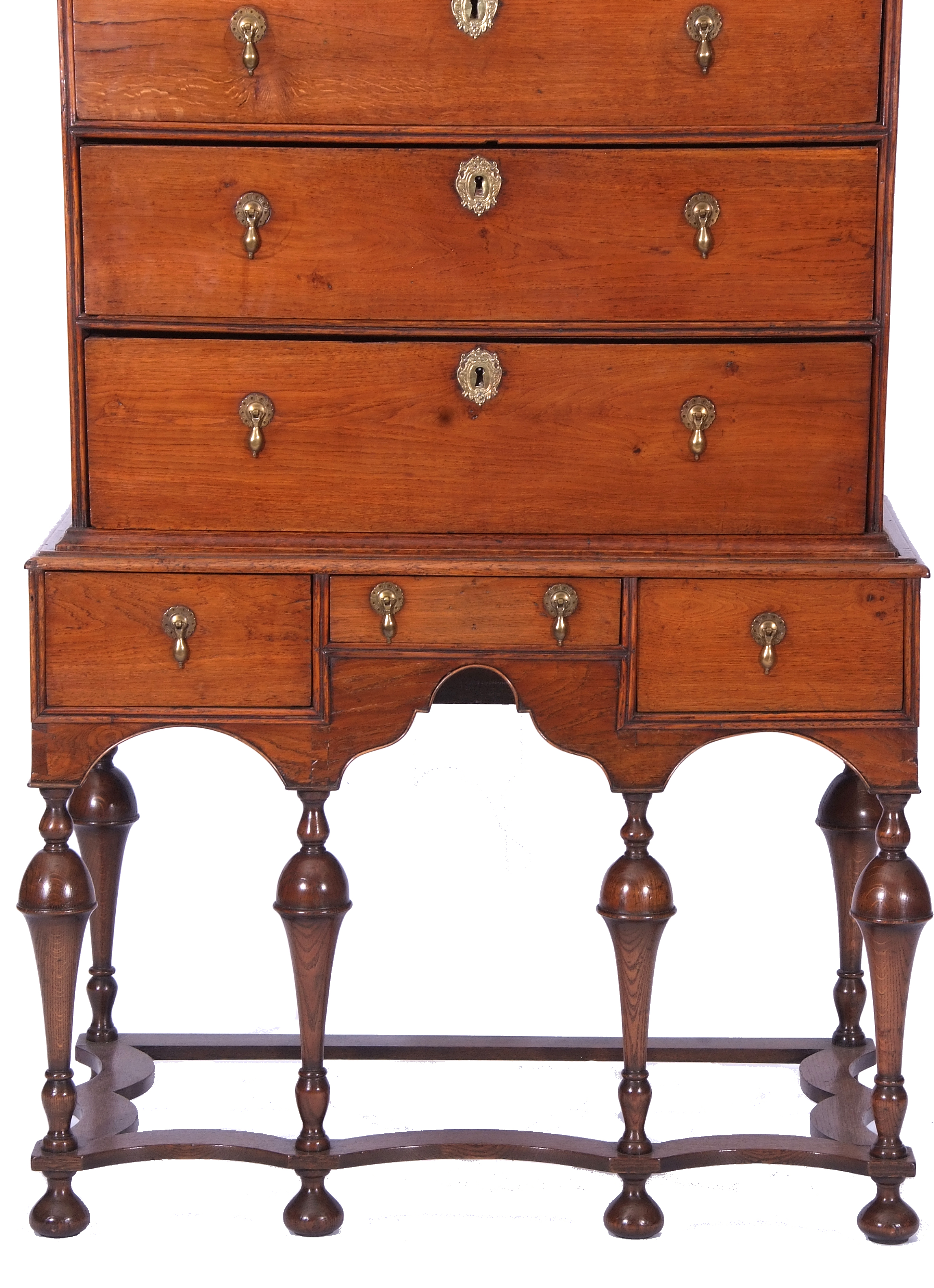 18th/19th century oak chest on stand in William & Mary style, the top section of two short and three - Image 4 of 4