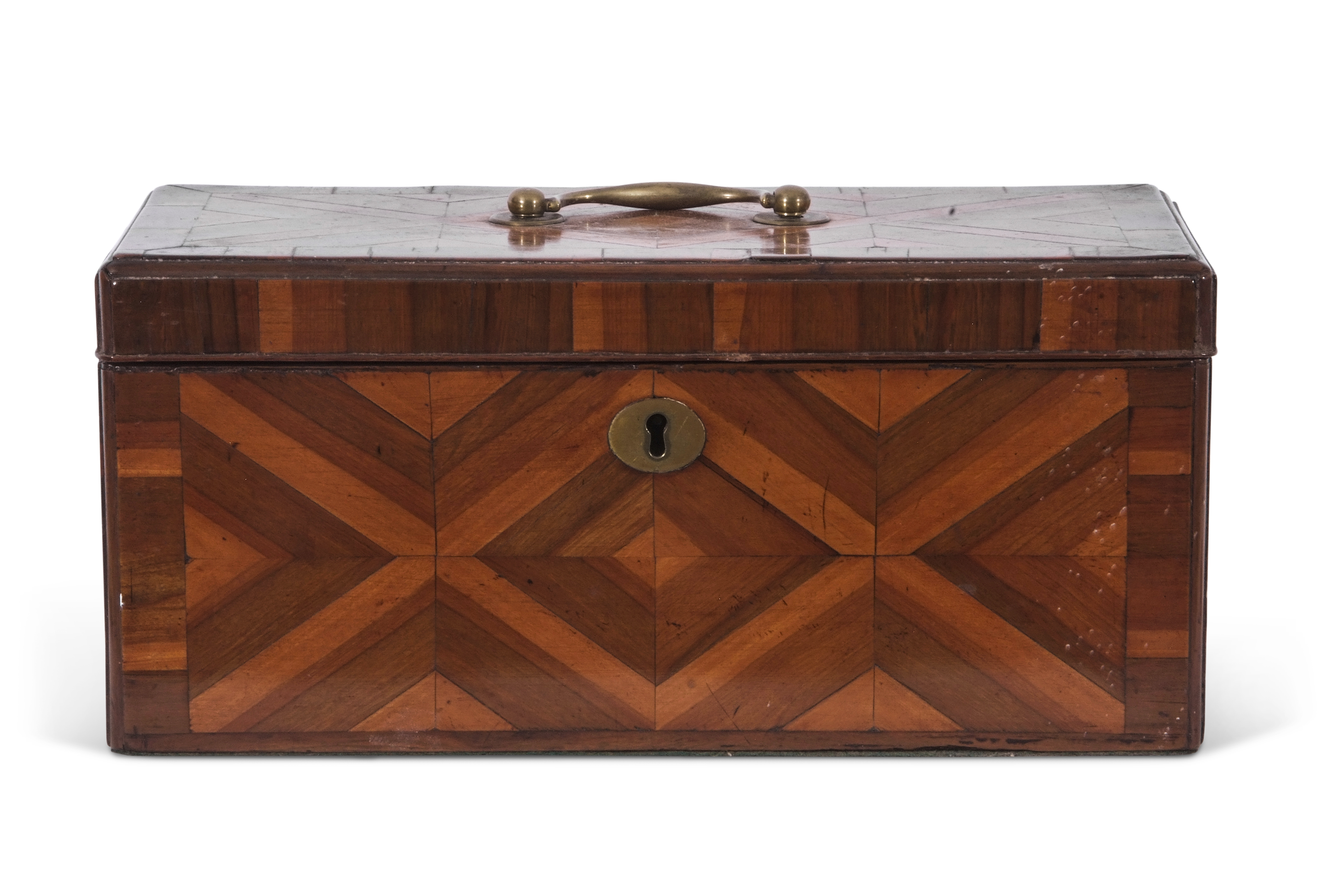 Georgian rectangular storage box, specimen wood veneered with geometric patterns to all sides, brass