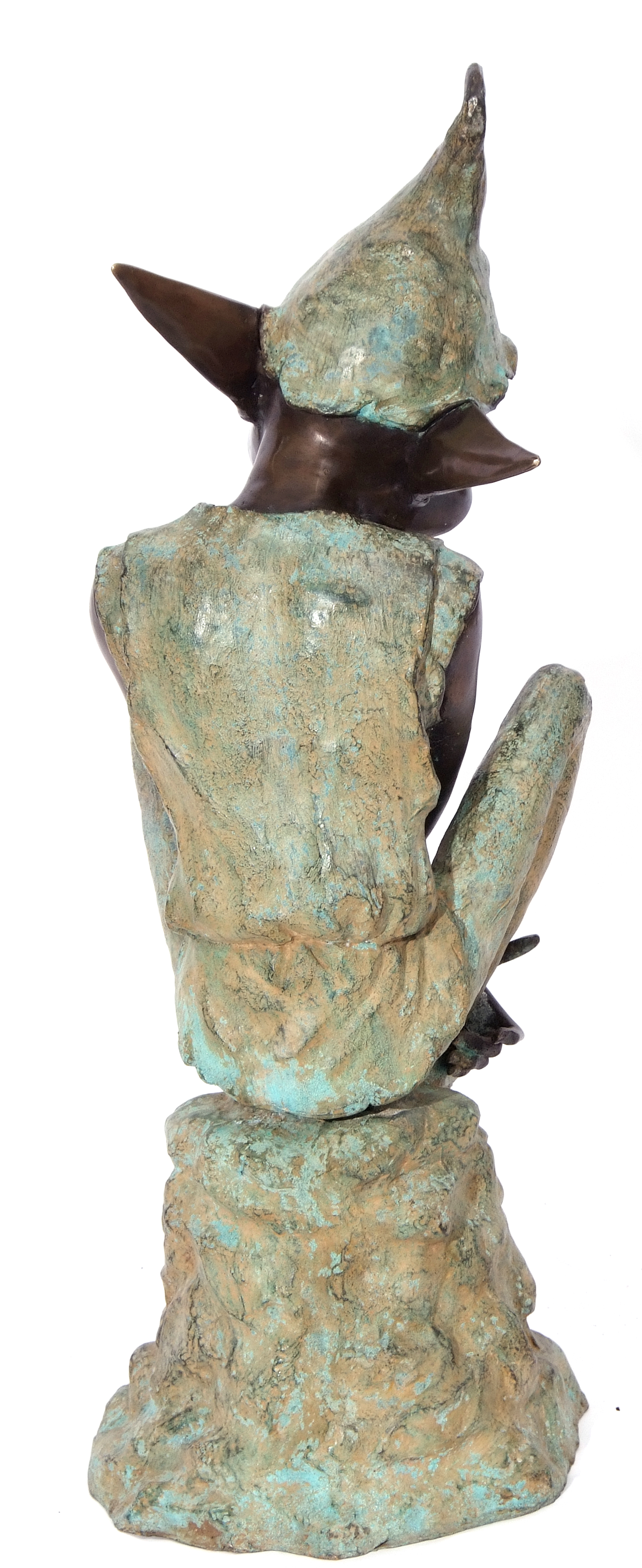 Contemporary patinated bronze figure of a pixie seated on a rock, 23cm wide x 34cm deep x 76cm tall - Image 2 of 3