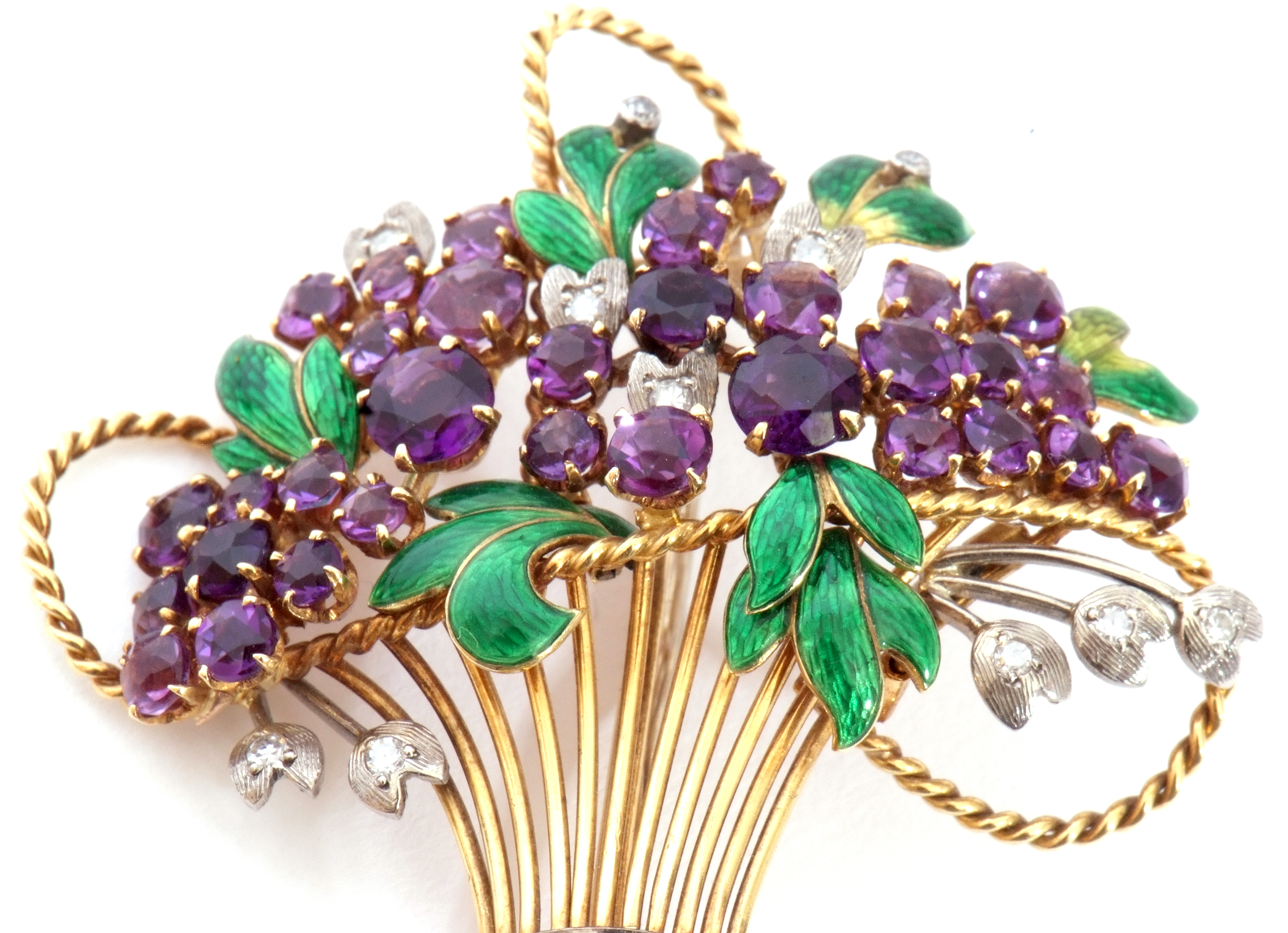 Enamel and amethyst jardiniere brooch circa 1965, the open work basket with wire work detailing, - Image 5 of 6