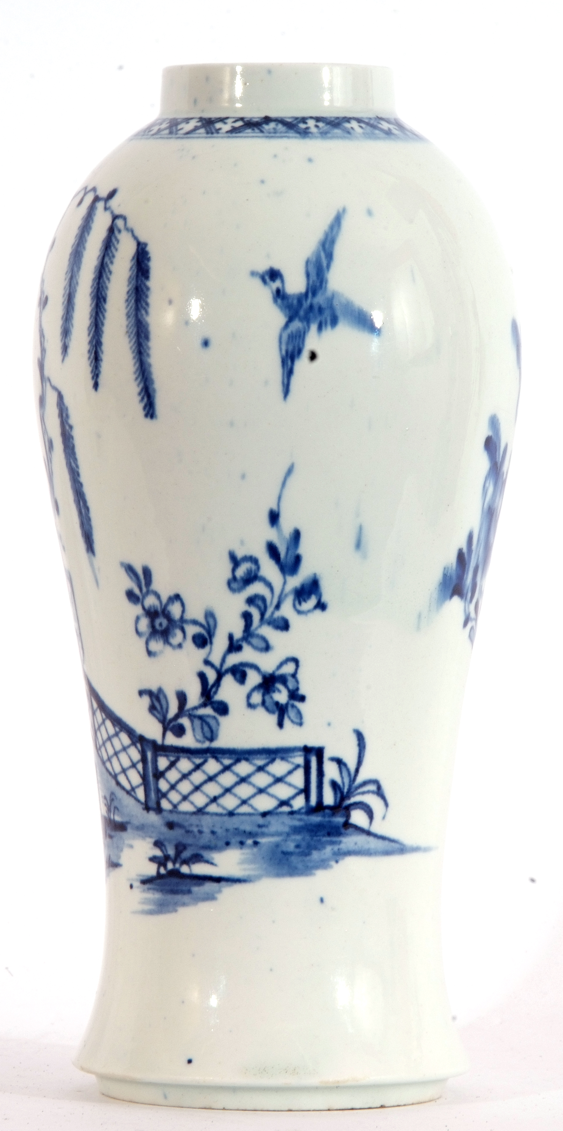 Lowestoft porcelain baluster vase decorated in underglaze blue with a fence and trees and floral - Image 3 of 7