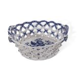 Lowestoft porcelain chestnut basket decorated with the pine cone pattern with rope handles, the