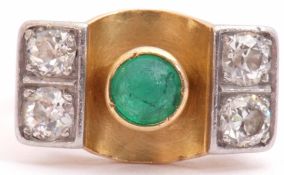 Emerald and diamond stylised ring, the cabochon round cut emerald collet set in a central concave