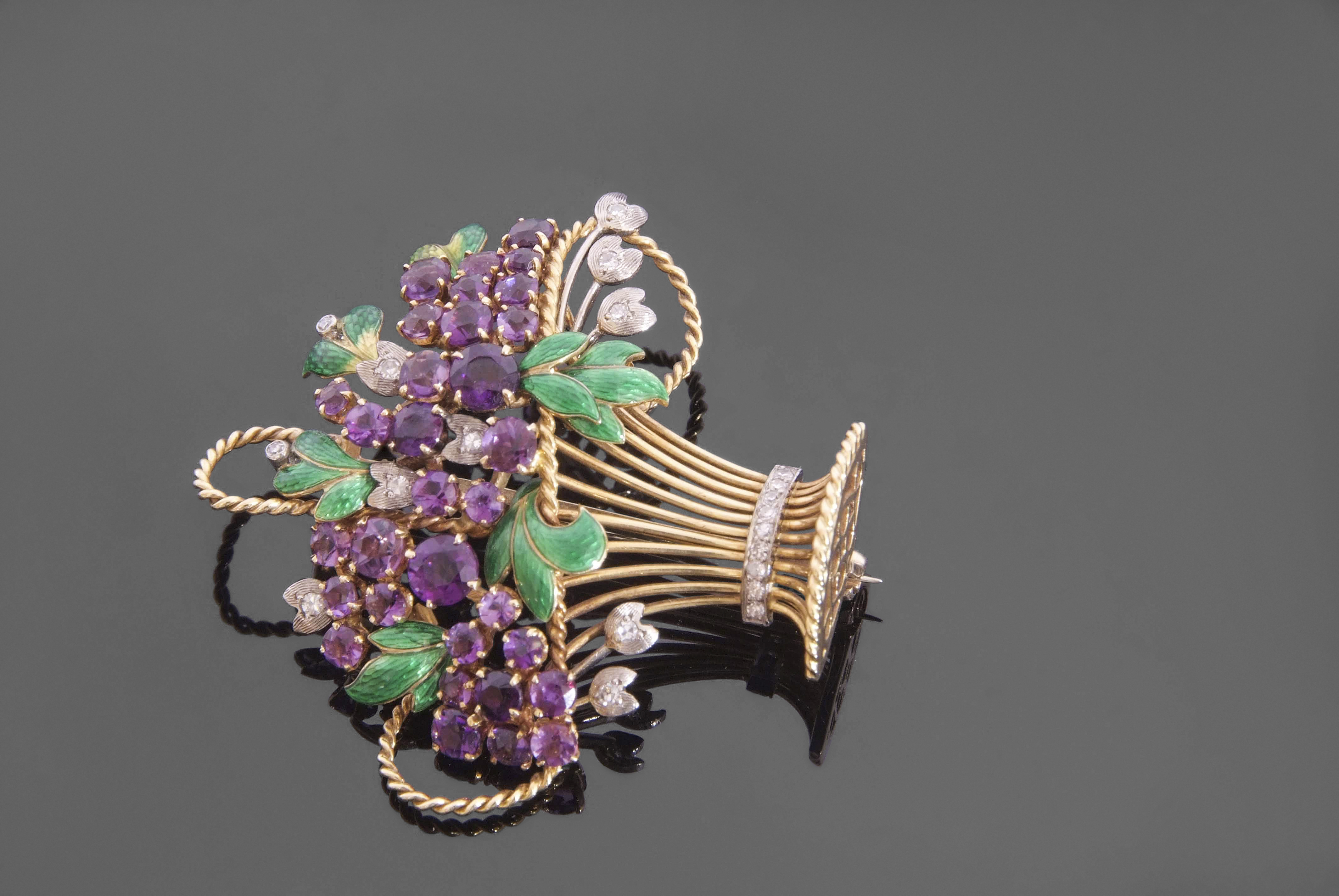 Enamel and amethyst jardiniere brooch circa 1965, the open work basket with wire work detailing, - Image 3 of 6