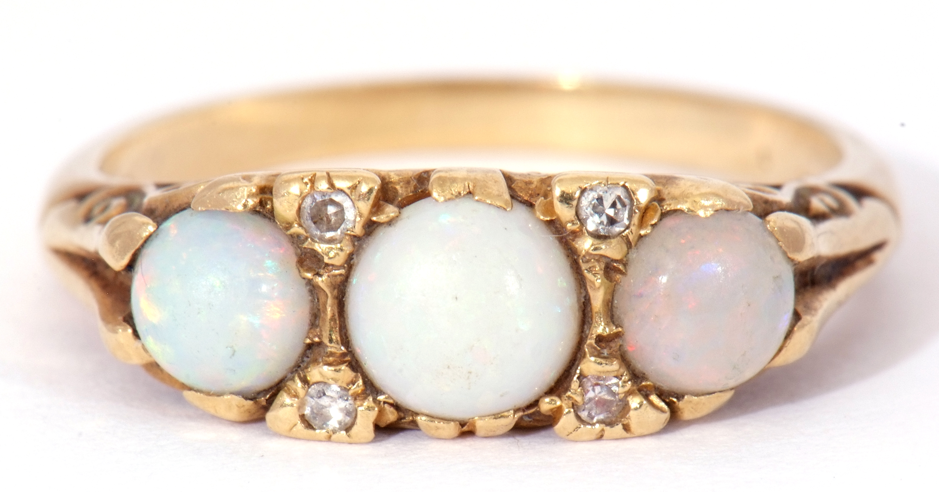 18ct gold opal and diamond ring featuring three graduated round cut cabochon opals, with four - Image 2 of 9