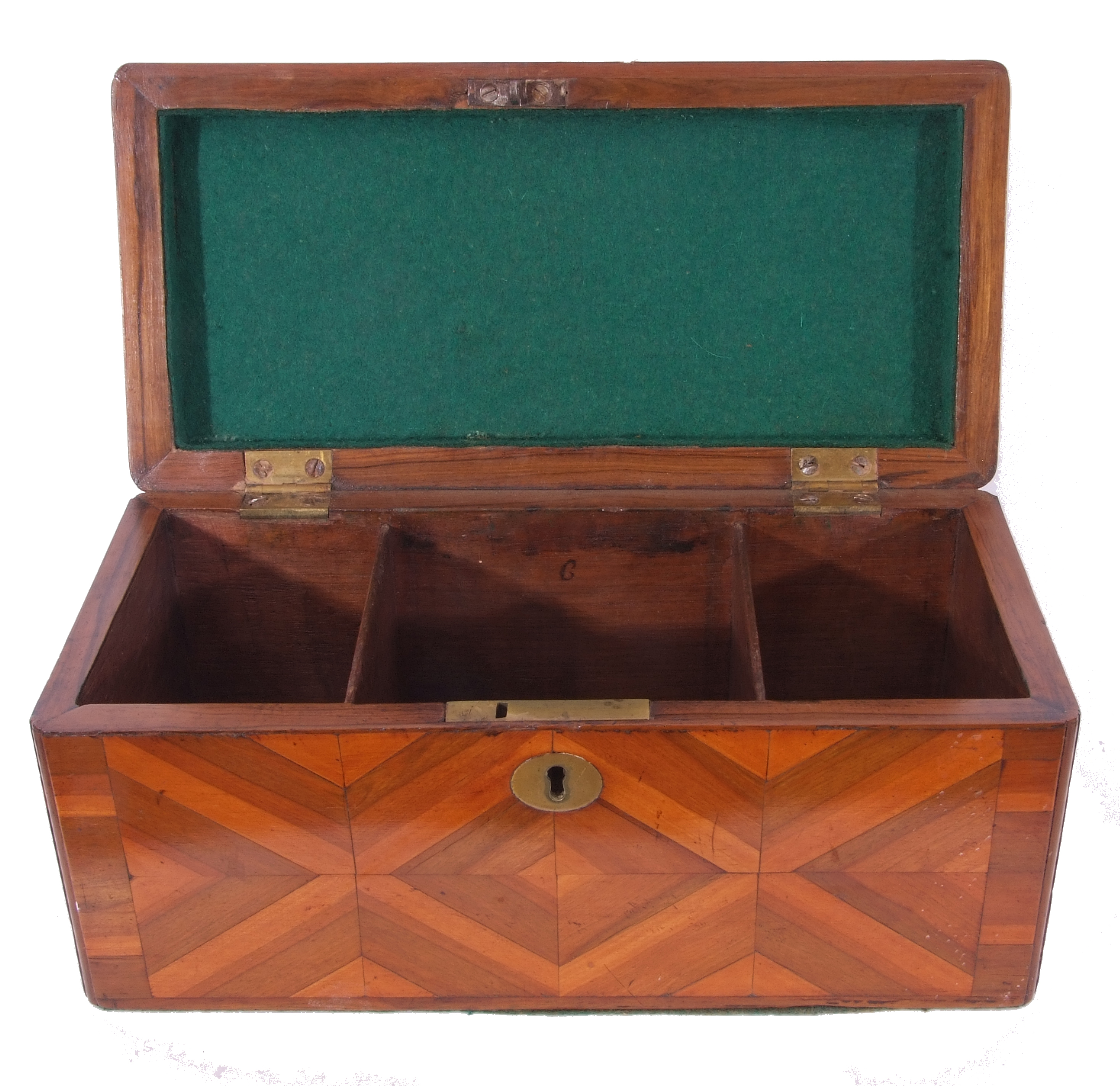 Georgian rectangular storage box, specimen wood veneered with geometric patterns to all sides, brass - Image 6 of 6