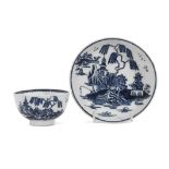 Lowestoft porcelain tea bowl and saucer decorated with a version of the fisherman pattern, the