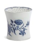 Rare Lowestoft porcelain pounce pot of waisted form, decorated in underglaze blue with floral sprays