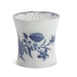 Rare Lowestoft porcelain pounce pot of waisted form, decorated in underglaze blue with floral sprays