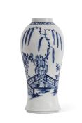 Lowestoft porcelain baluster vase decorated in underglaze blue with a fence and trees and floral