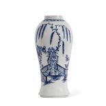 Lowestoft porcelain baluster vase decorated in underglaze blue with a fence and trees and floral