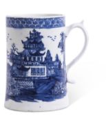 Lowestoft porcelain tankard decorated with a printed blue design of the Temple of Pagoda pattern,