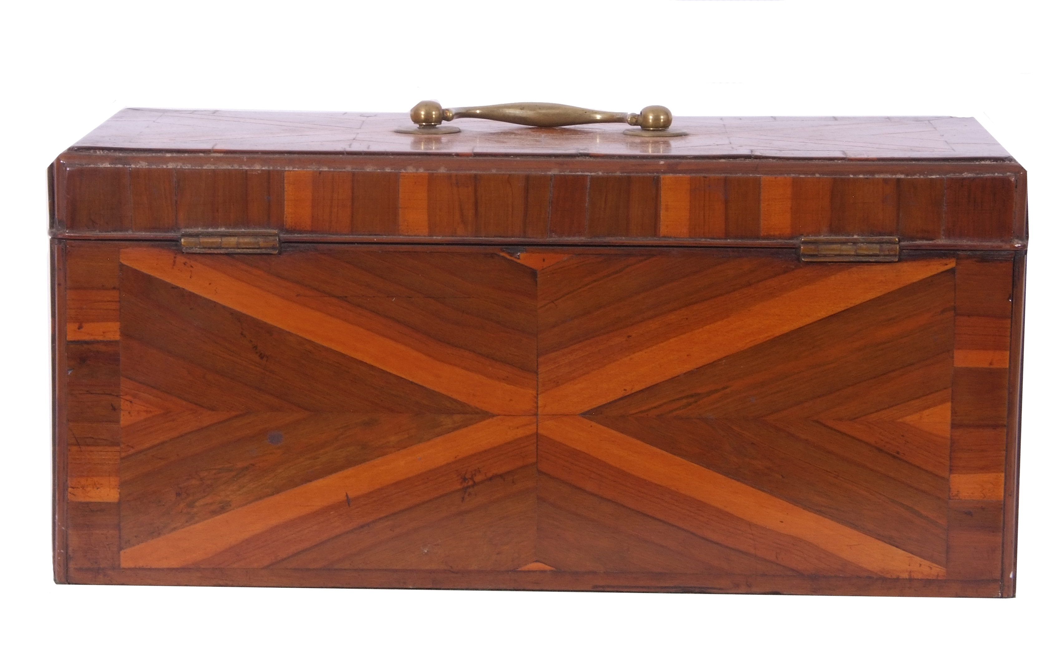 Georgian rectangular storage box, specimen wood veneered with geometric patterns to all sides, brass - Image 4 of 6